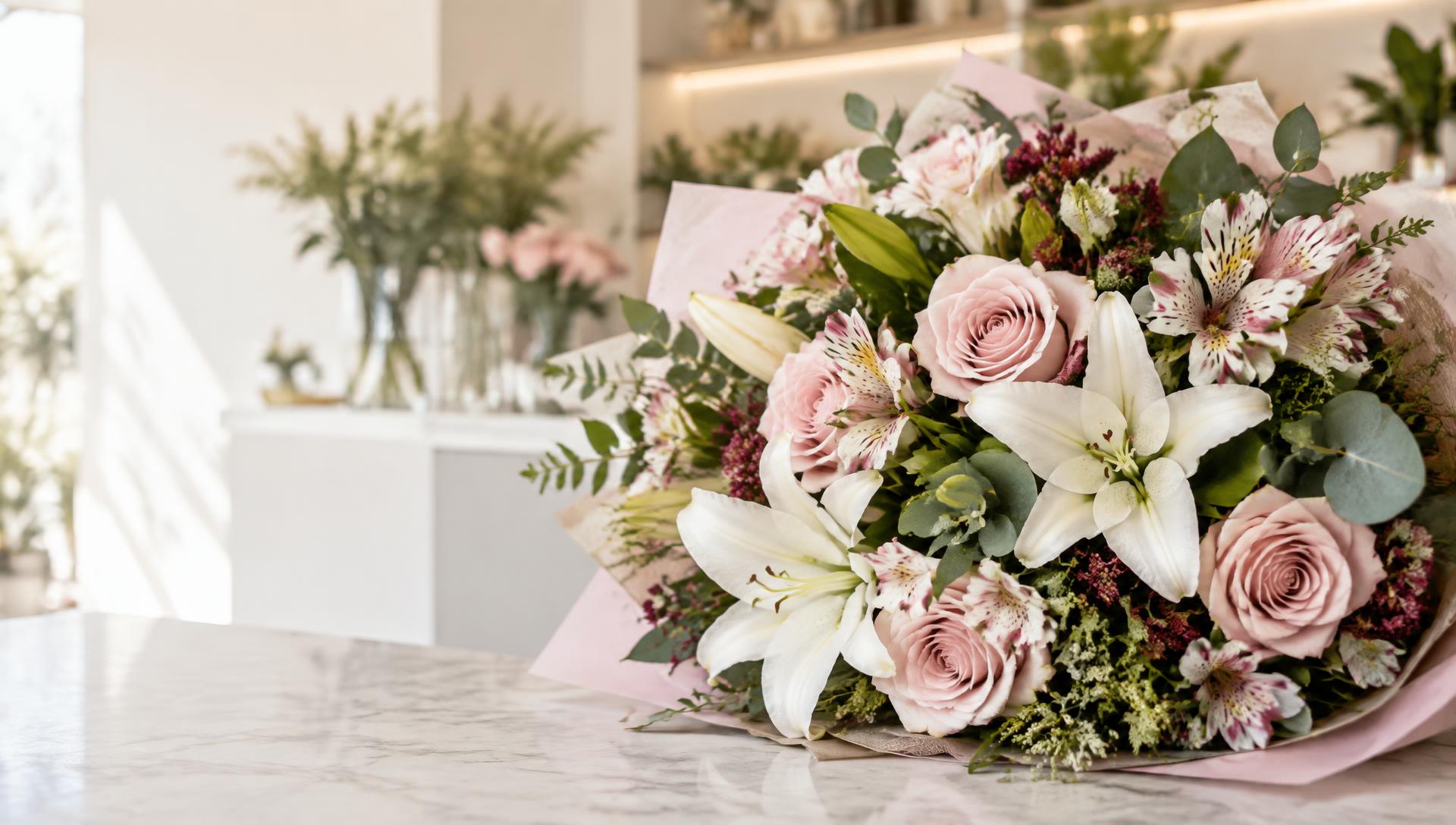 Buquê com rosas, lírios e astromélias em uma floricultura